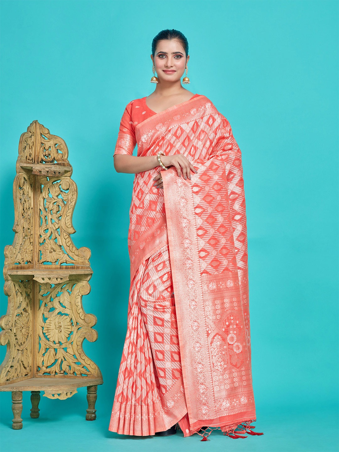 

MIMOSA Ethnic Motifs Woven Design Zari Art Silk Banarasi Saree, Orange
