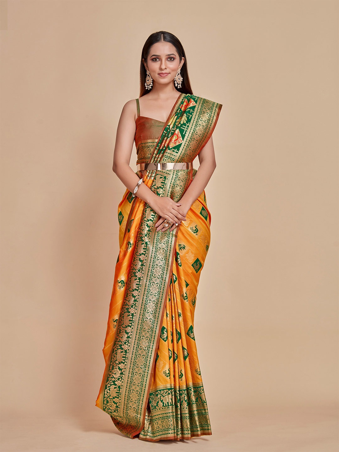 

MIMOSA Ethnic Motifs Woven Design Zari Art Silk Kanjeevaram Saree, Mustard