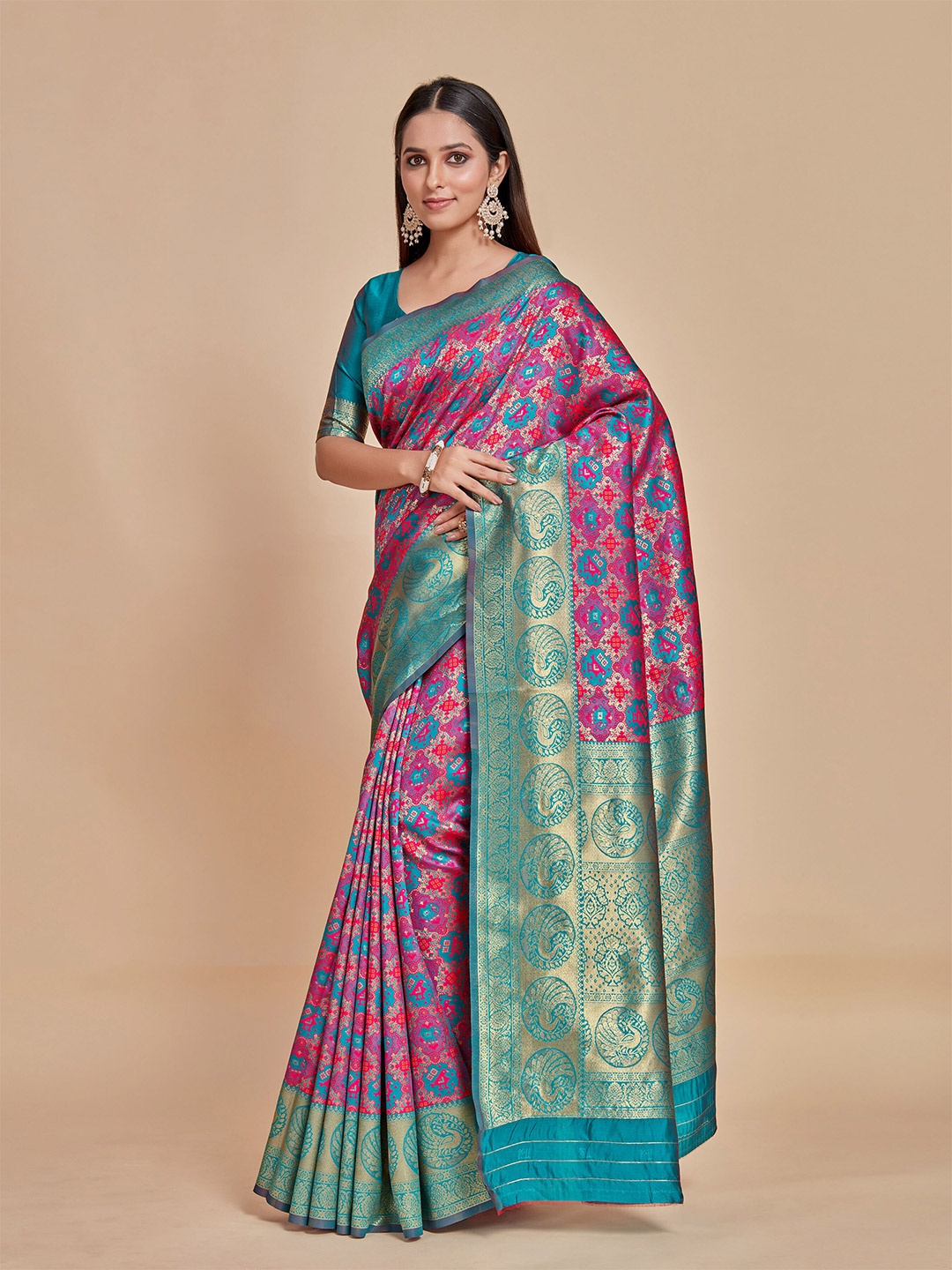 

MIMOSA Ethnic Motifs Woven Design Zari Art Silk Patola Saree, Pink