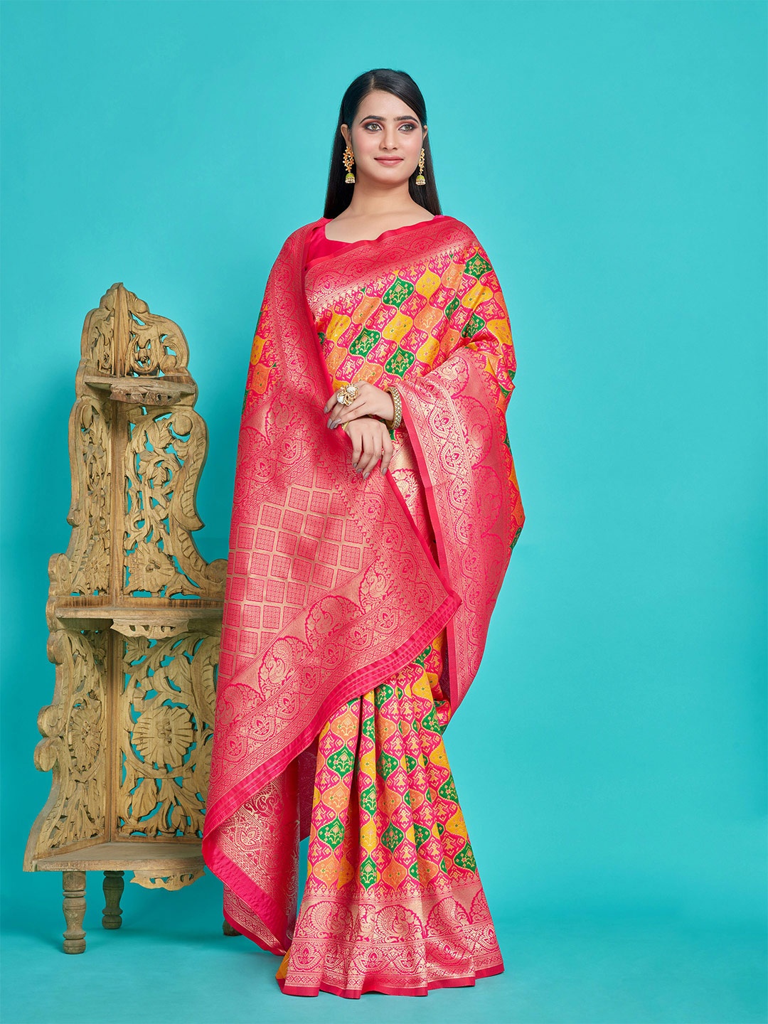 

MIMOSA Ethnic Motifs Woven Design Zari Patola Saree, Pink