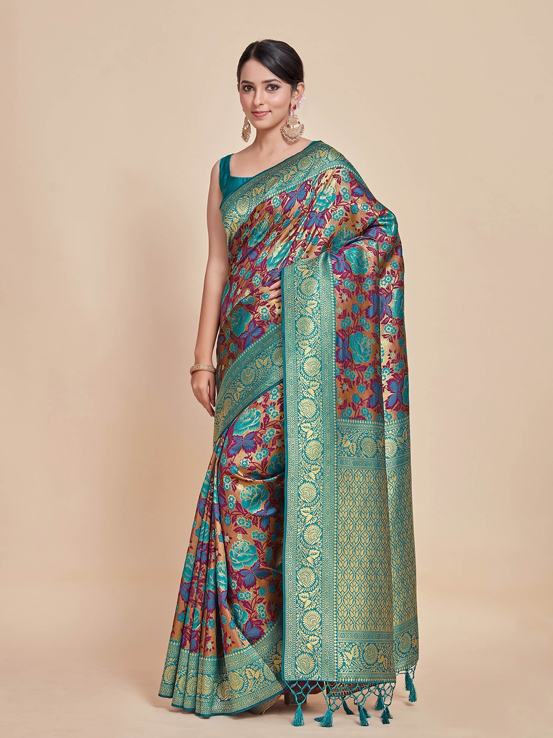 

MIMOSA Ethnic Motifs Woven Design Zari Kanjeevaram Saree, Purple