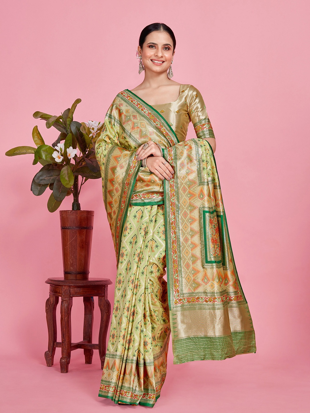 

MIMOSA Ethnic Motifs Woven Design Zari Patola Saree, Lime green