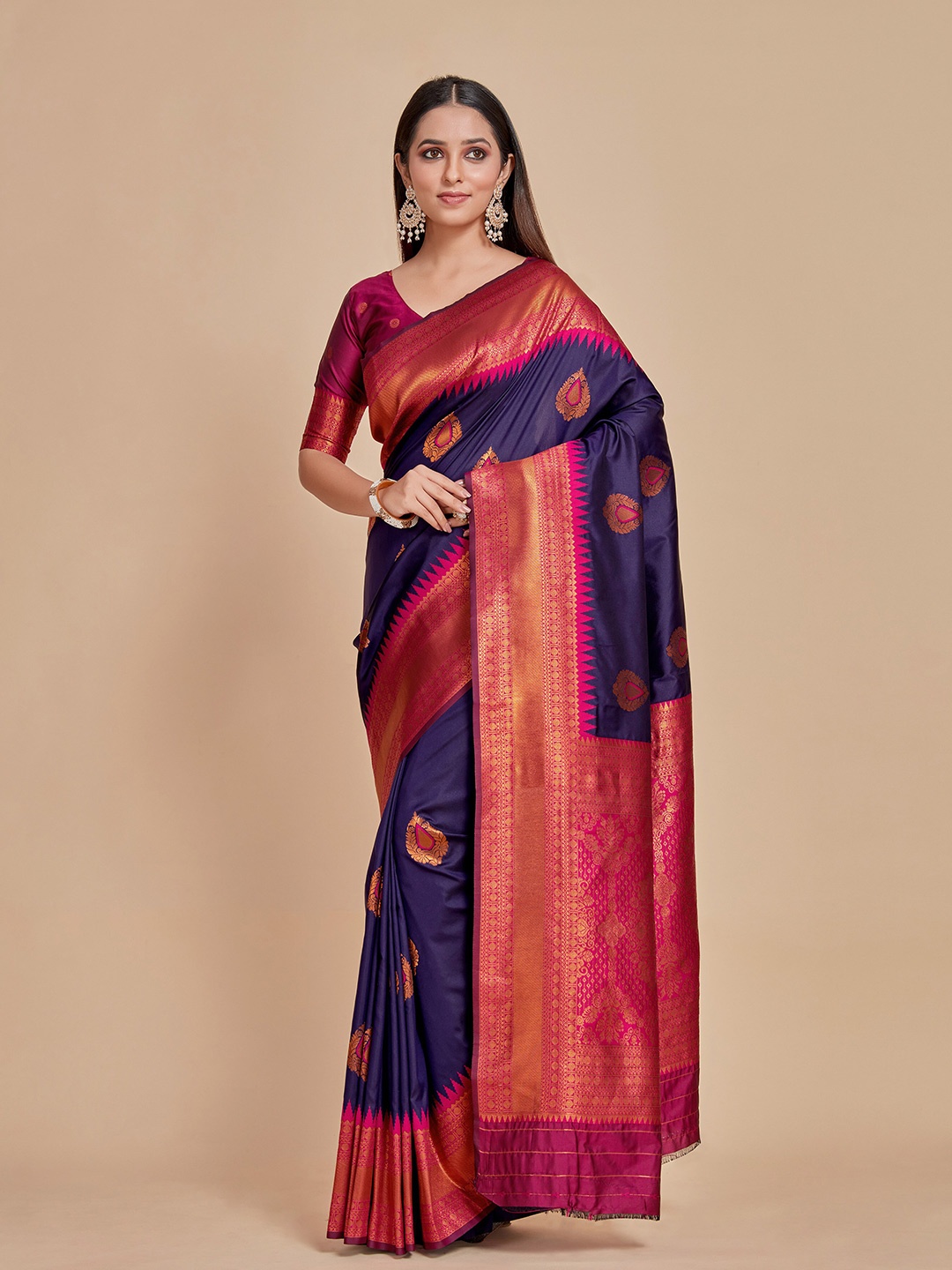 

MIMOSA Woven Design Zari Kanjeevaram Saree, Navy blue