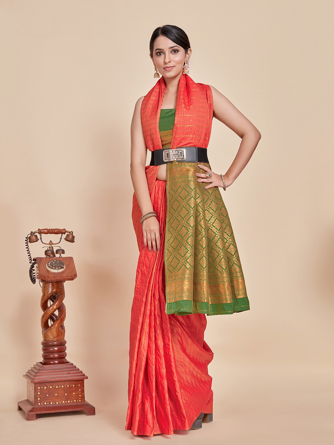 

MIMOSA Striped Zari Kanjeevaram Saree, Coral