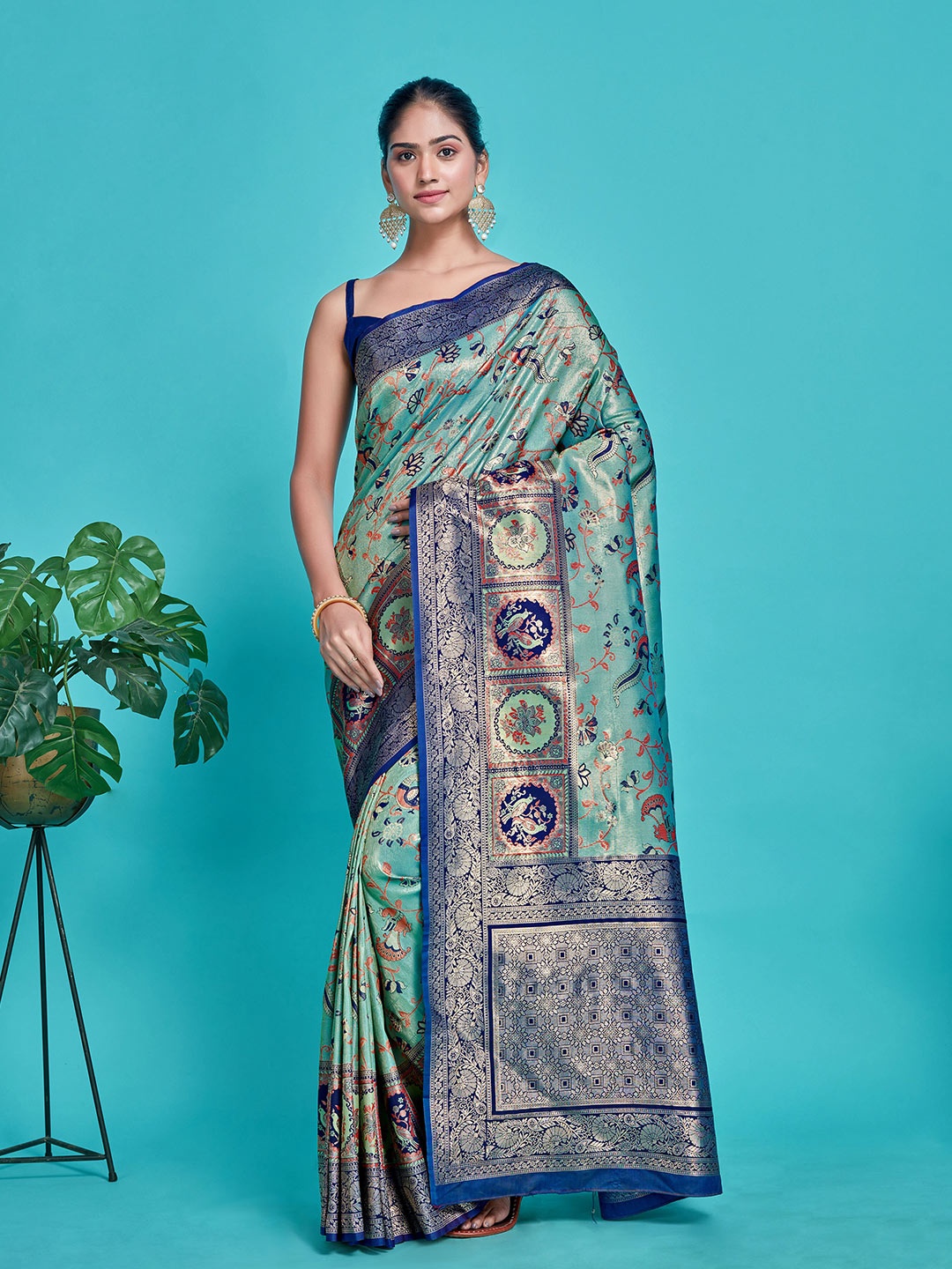 

MIMOSA Floral Woven Design Zari Patola Saree, Turquoise blue