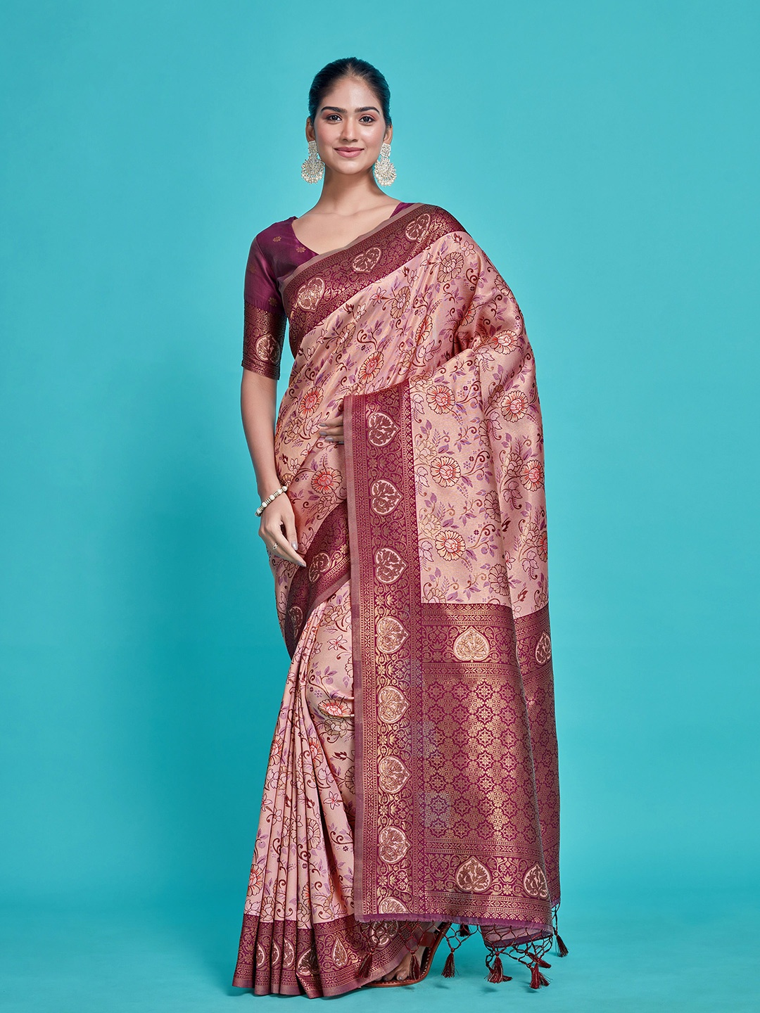 

MIMOSA Woven Design Zari Art Silk Kanjeevaram Saree, Pink