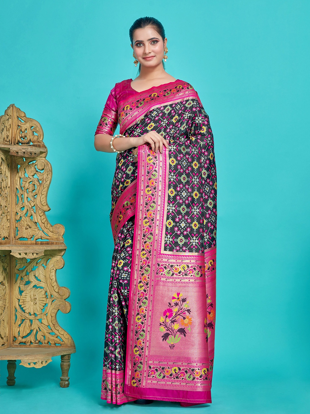 

MIMOSA Ethnic Motifs Woven Design Zari Patola Saree, Black