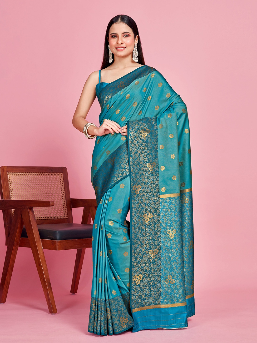 

MIMOSA Ethnic Motifs Woven Design Zari Kanjeevaram Saree, Turquoise blue