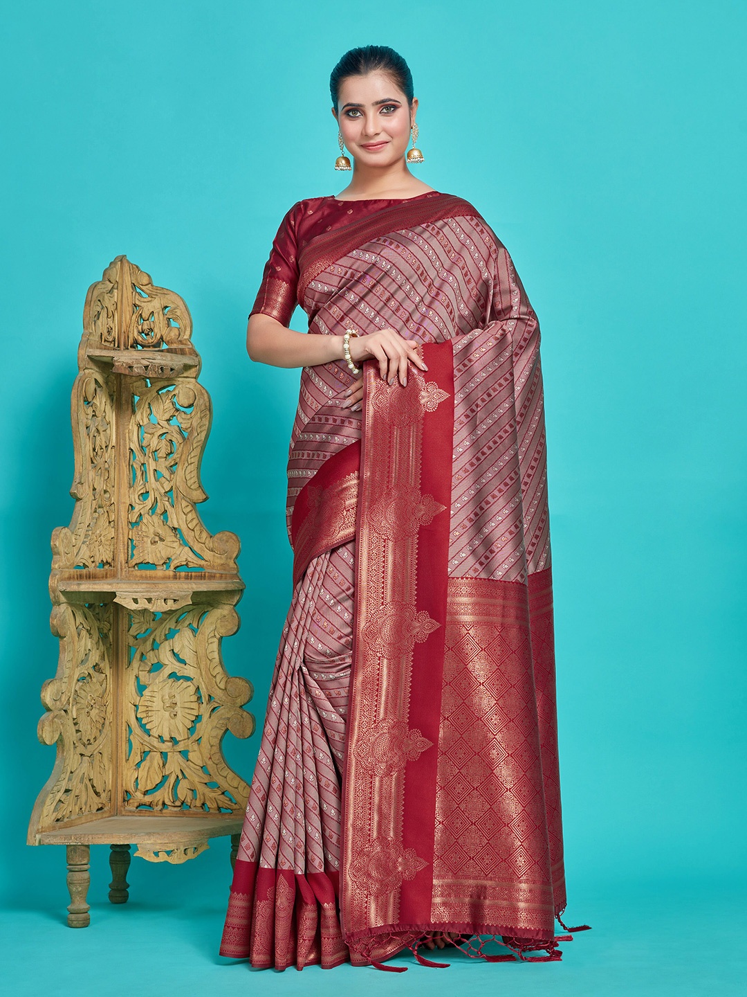 

MIMOSA Striped Zari Kanjeevaram Saree, Maroon