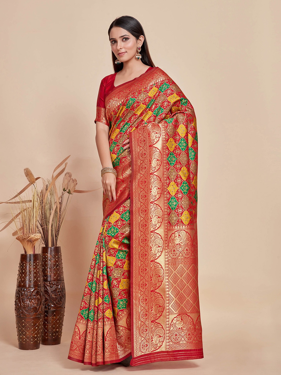 

MIMOSA Woven Design Zari Patola Saree, Red