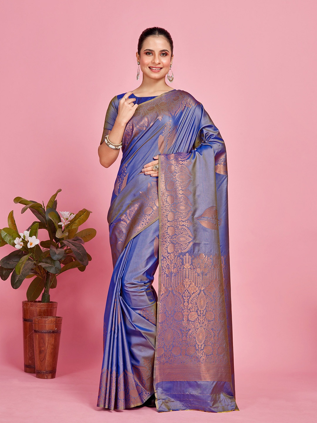 

MIMOSA Ethnic Motifs Woven Design Zari Art Silk Kanjeevaram Saree, Blue