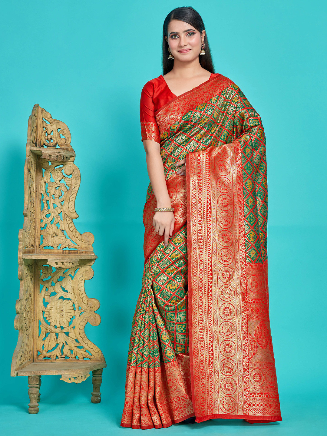 

MIMOSA Ethnic Motifs Woven Design Zari Art Silk Patola Saree, Green
