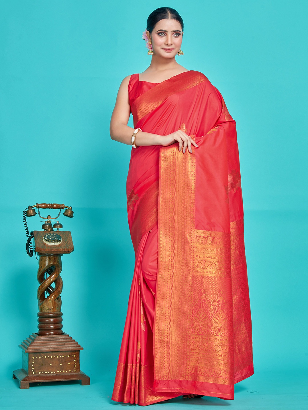 

MIMOSA Floral Woven Design Zari Kanjeevaram Saree, Red