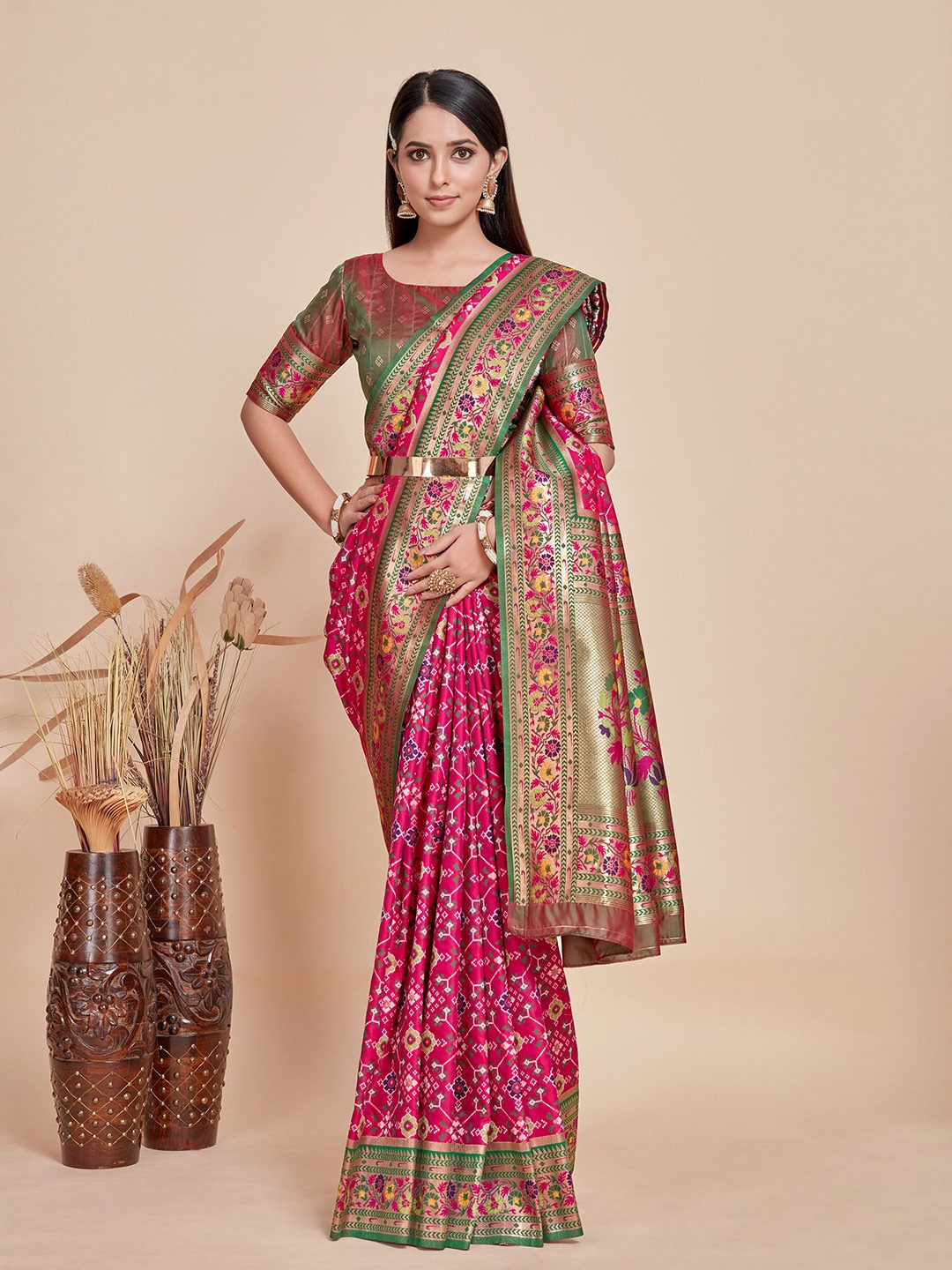 

MIMOSA Floral Woven Design Zari Patola Saree, Pink