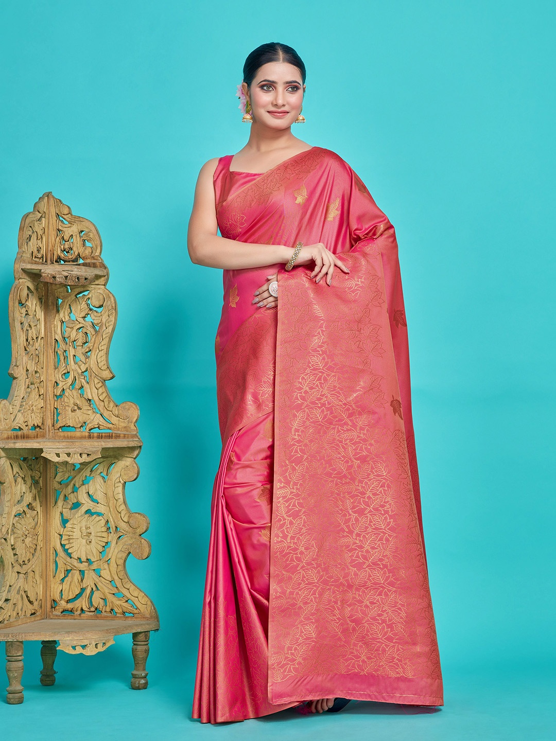 

MIMOSA Floral Woven Design Zari Kanjeevaram Saree, Pink