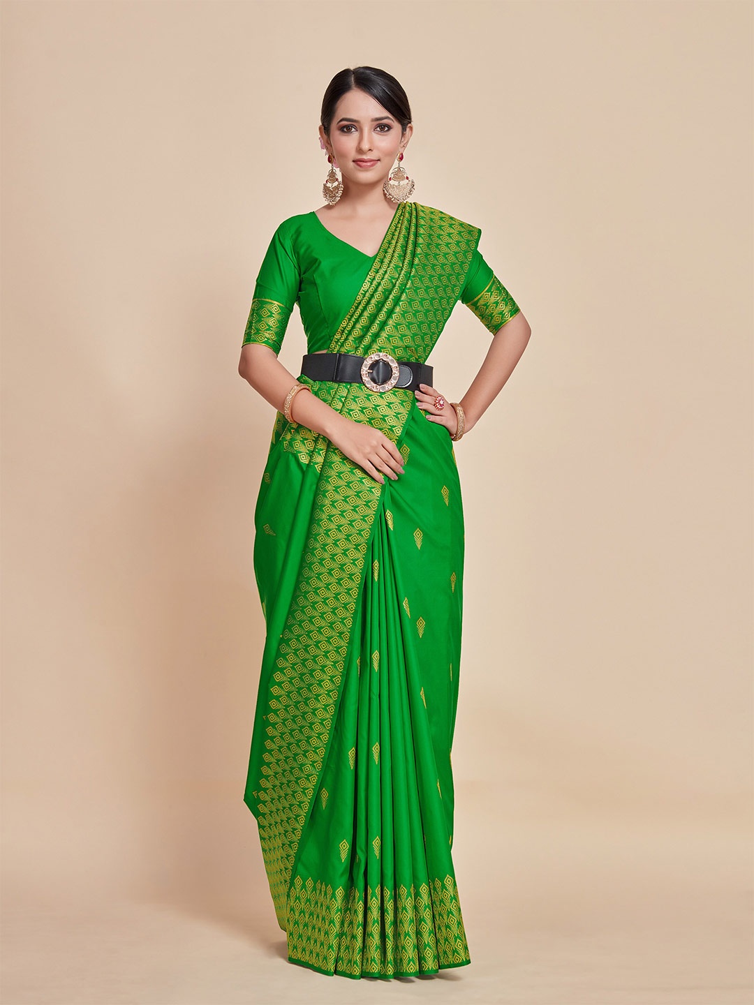 

MIMOSA Ethnic Motifs Woven Design Zari Kanjeevaram Saree, Green