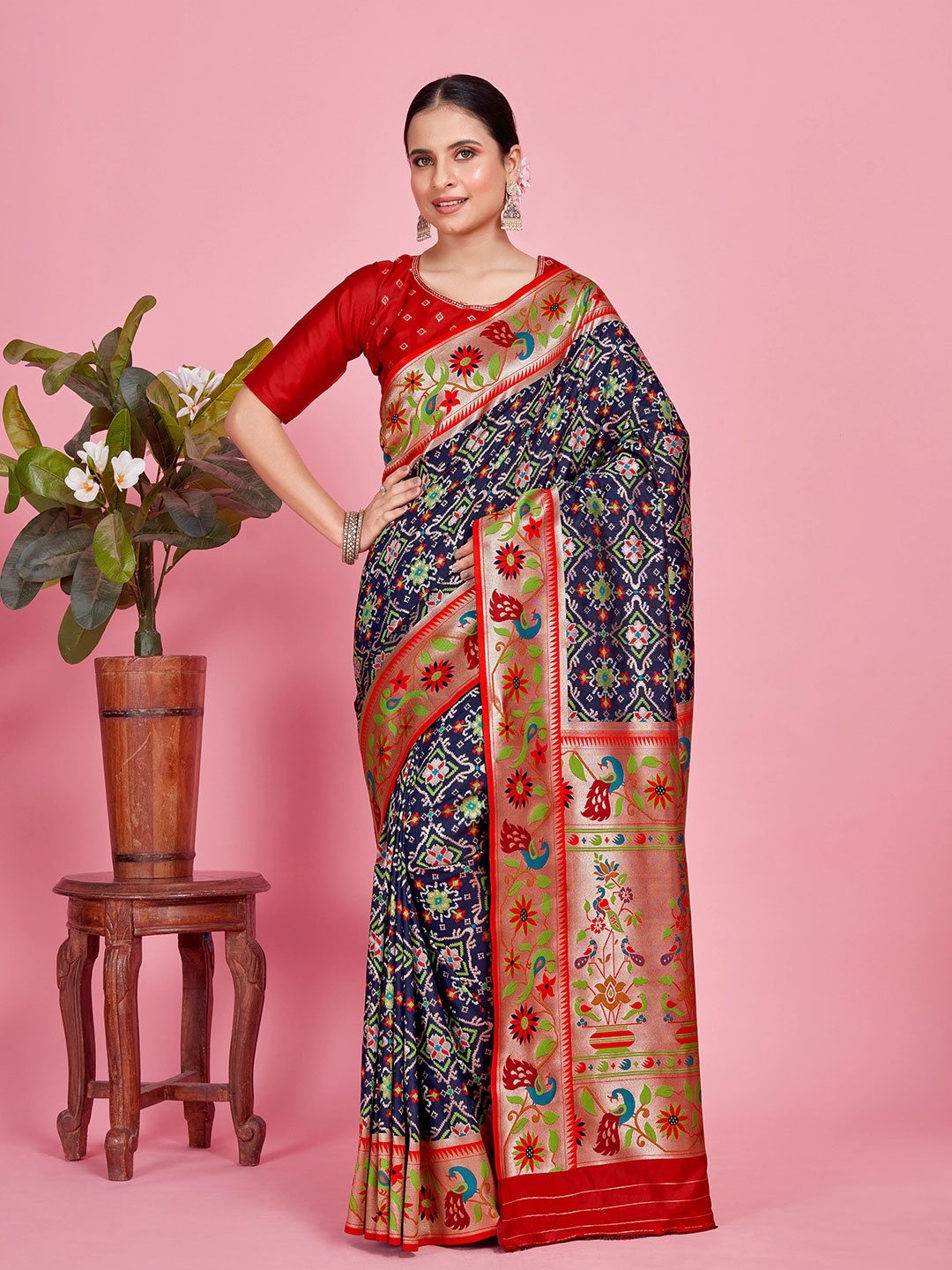 

MIMOSA Ethnic Motifs Woven Design Zari Patola Saree, Navy blue