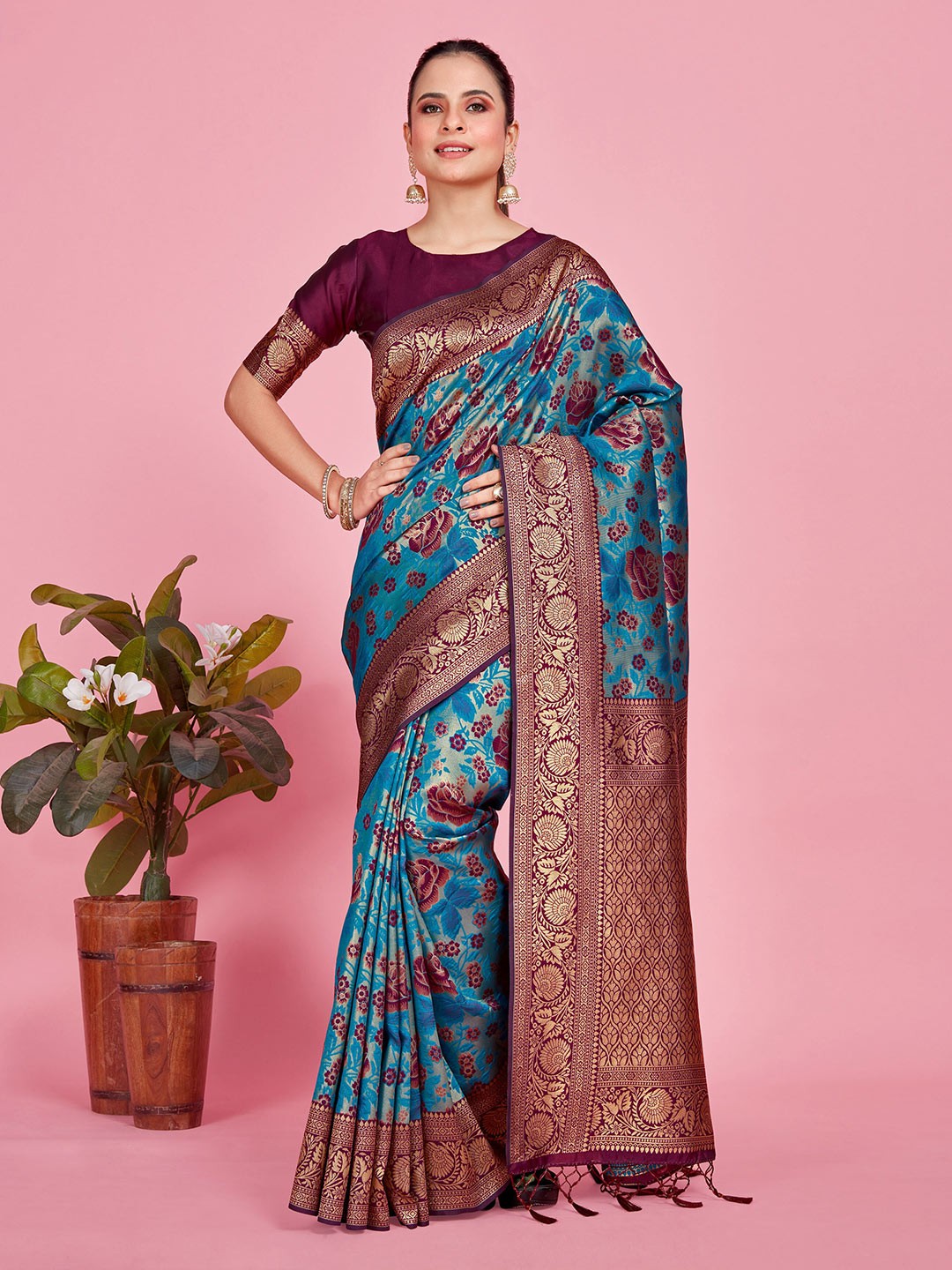 

MIMOSA Ethnic Motifs Woven Design Zari Kanjeevaram Saree, Blue