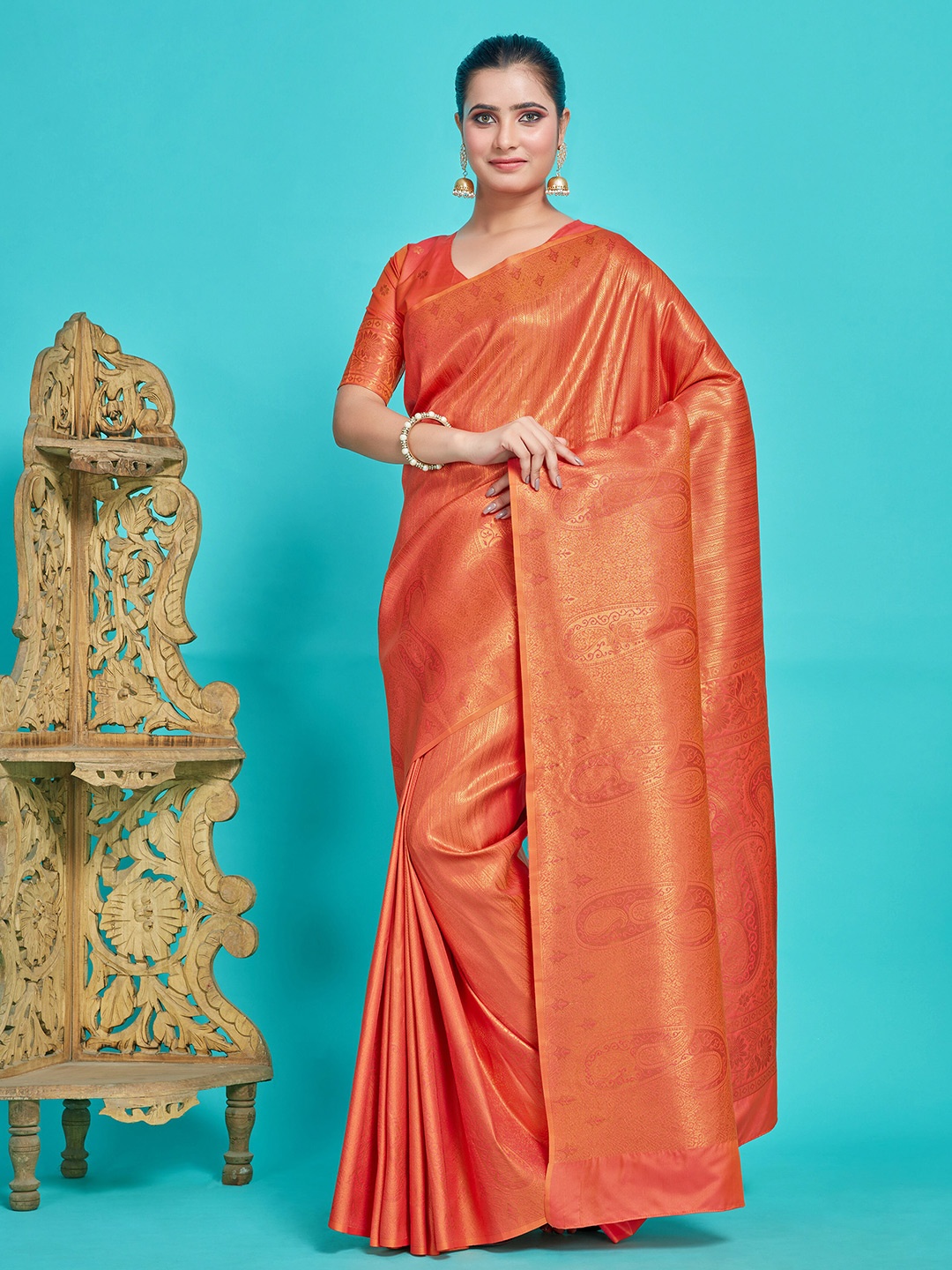 

MIMOSA Ethnic Motifs Woven Design Zari Kanjeevaram Saree, Orange