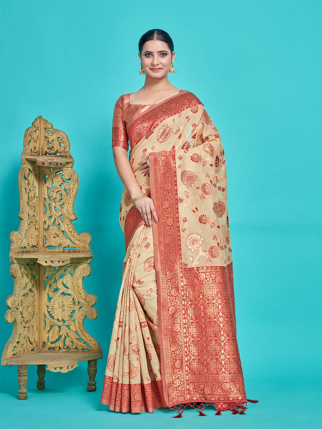 

MIMOSA Floral Woven Design Zari Art Silk Banarasi Saree, Beige
