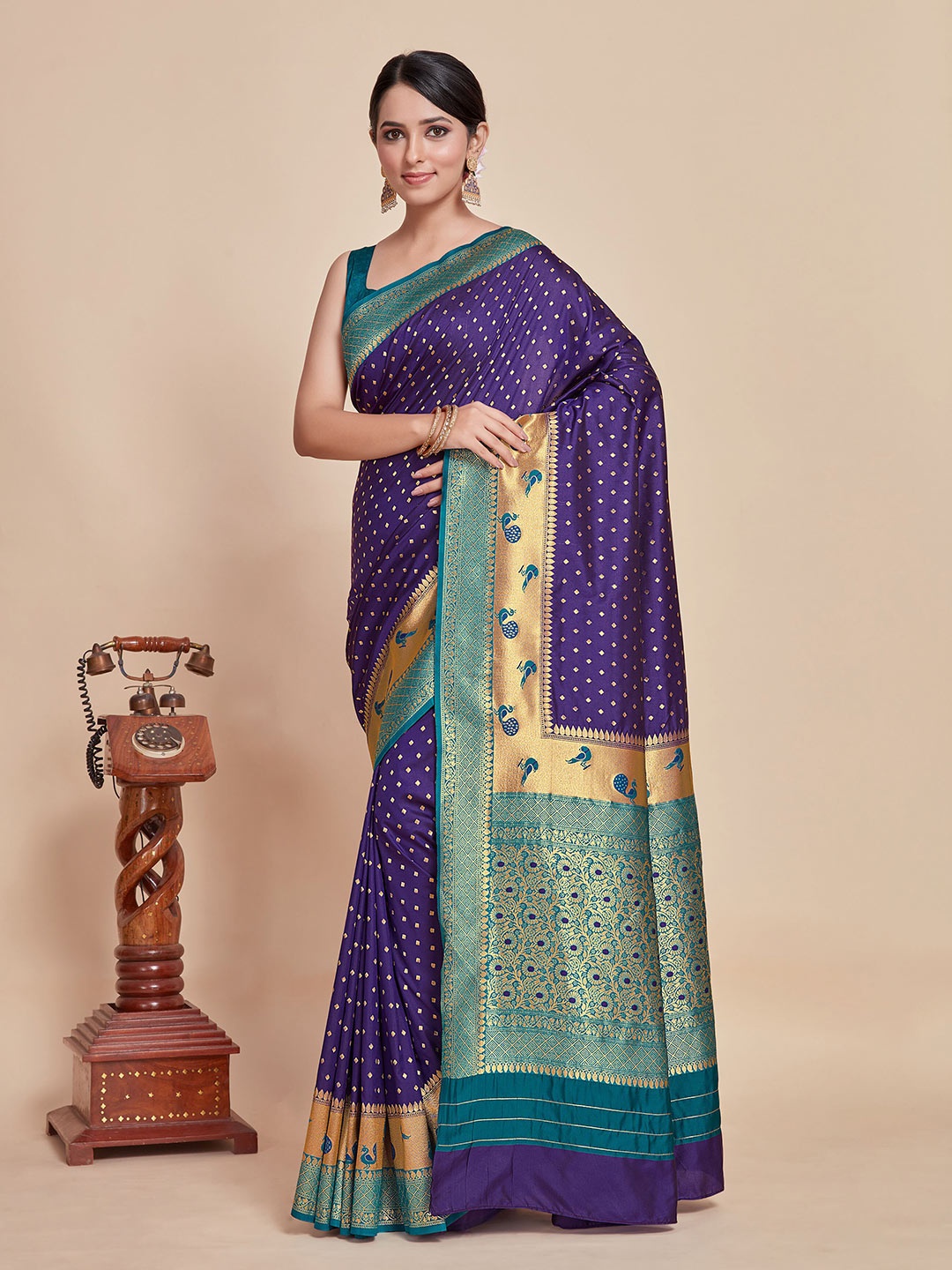 

MIMOSA Geometric Woven Design Zari Paithani Saree, Navy blue