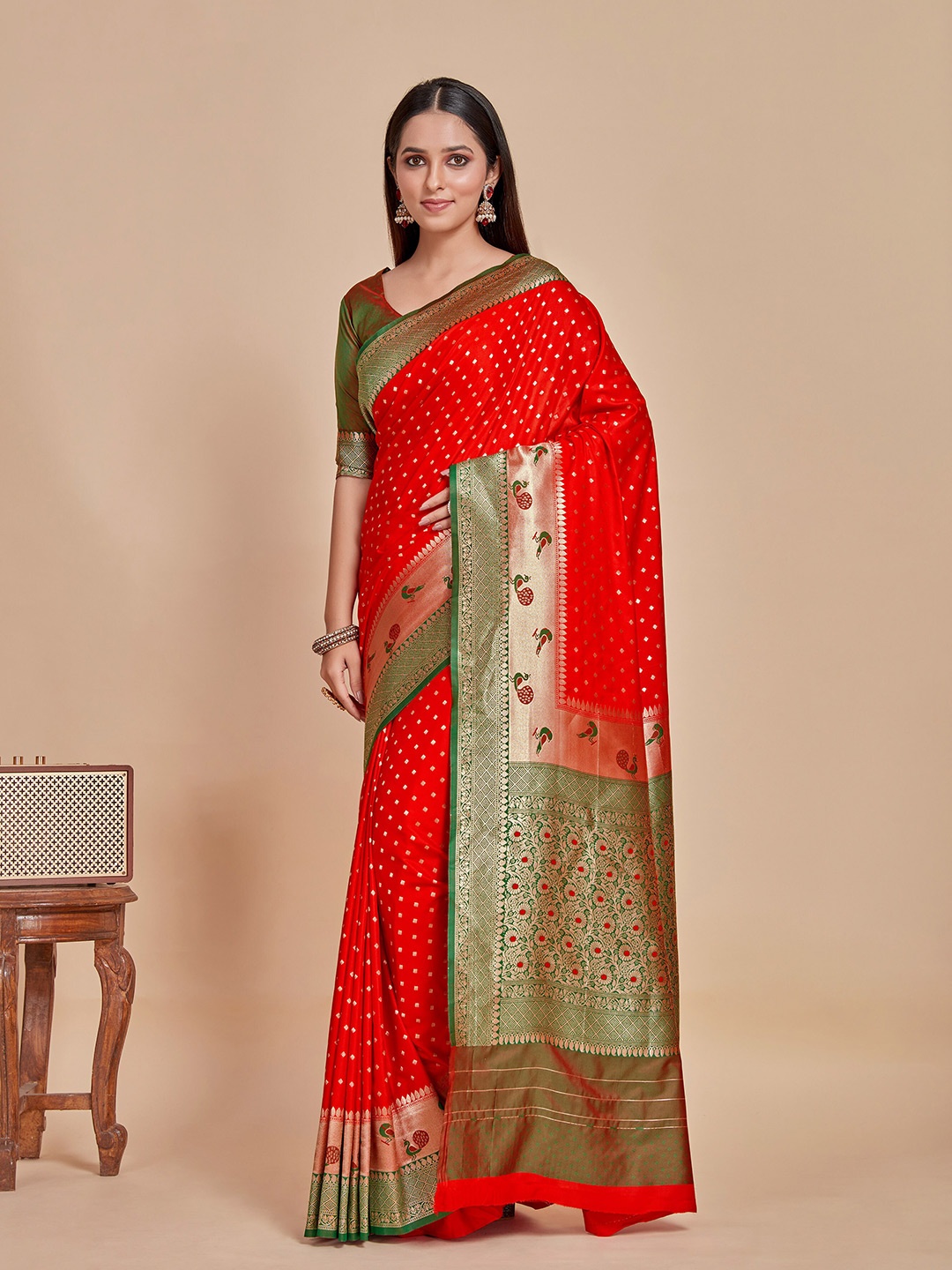 

MIMOSA Geometric Woven Design Zari Paithani Saree, Red