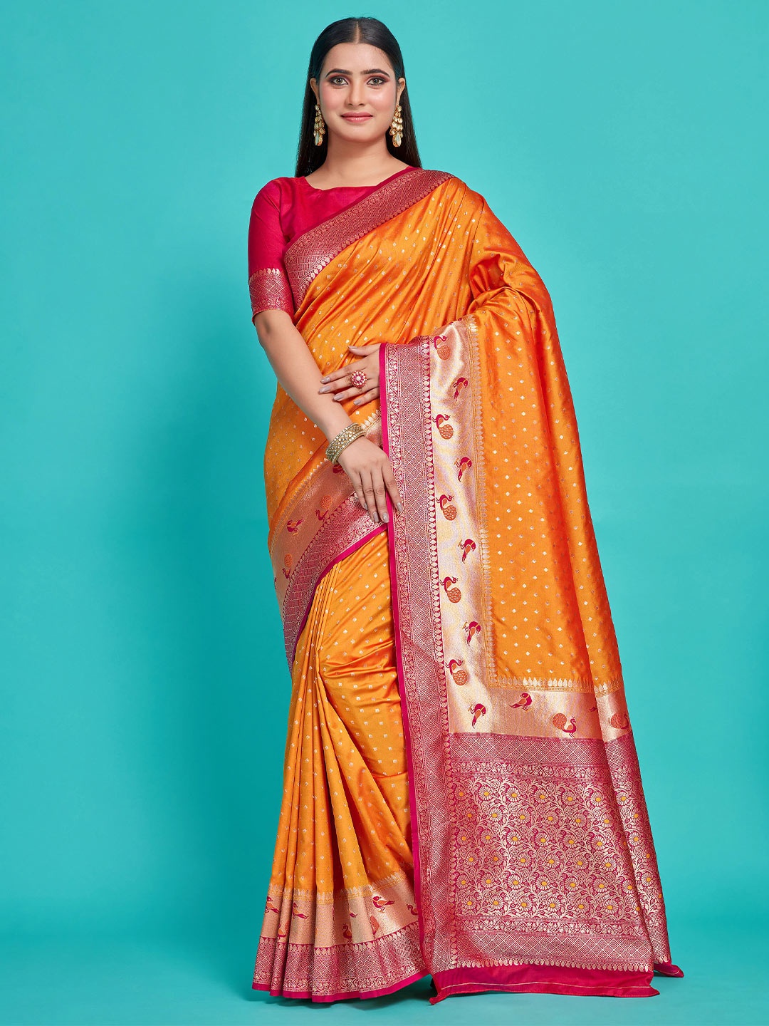 

MIMOSA Geometric Woven Design Zari Paithani Saree, Orange