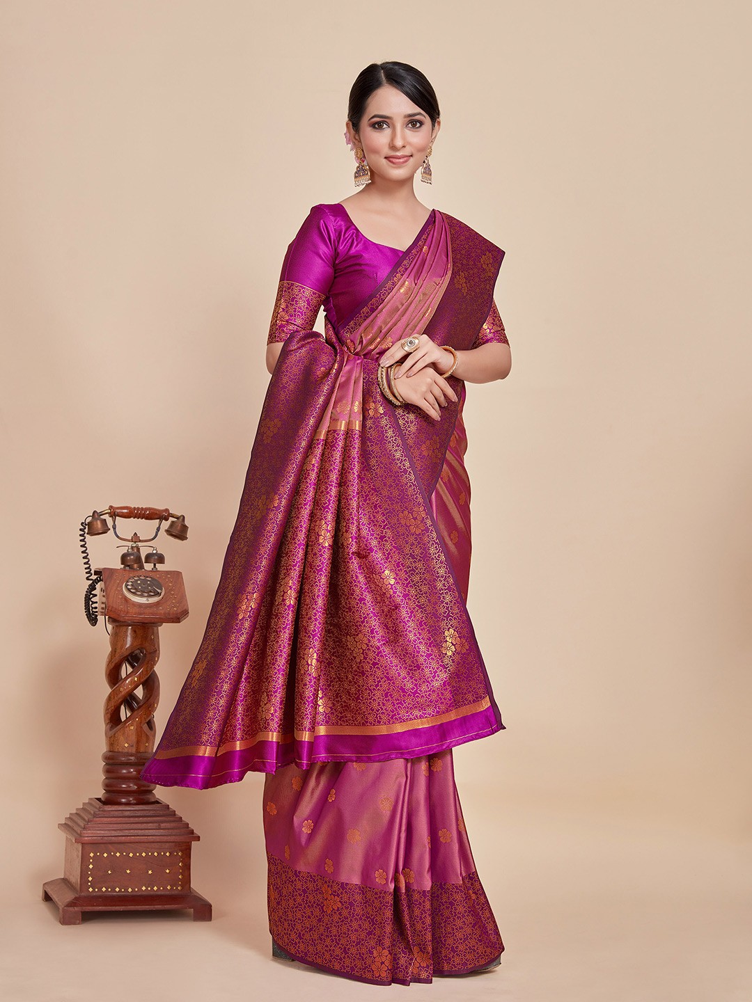 

MIMOSA Floral Woven Design Zari Art Silk Kanjeevaram Saree, Purple