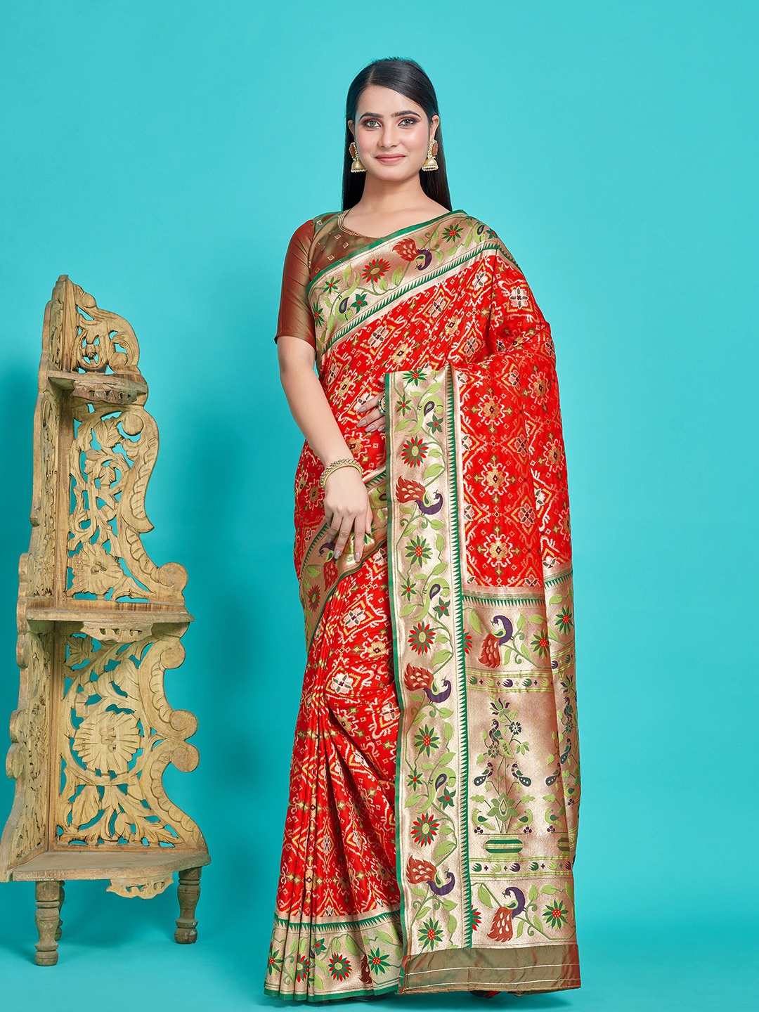 

MIMOSA Ethnic Motifs Woven Design Zari Art Silk Patola Saree, Red