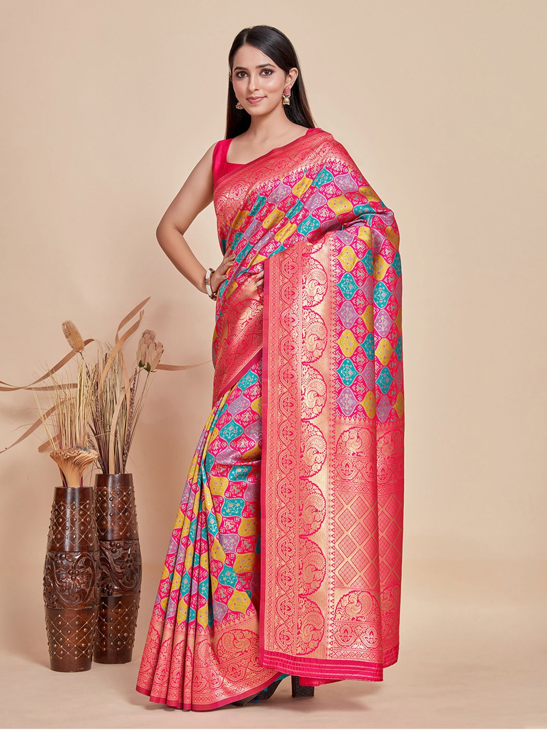 

MIMOSA Ethnic Motifs Woven Design Zari Patola Saree, Pink