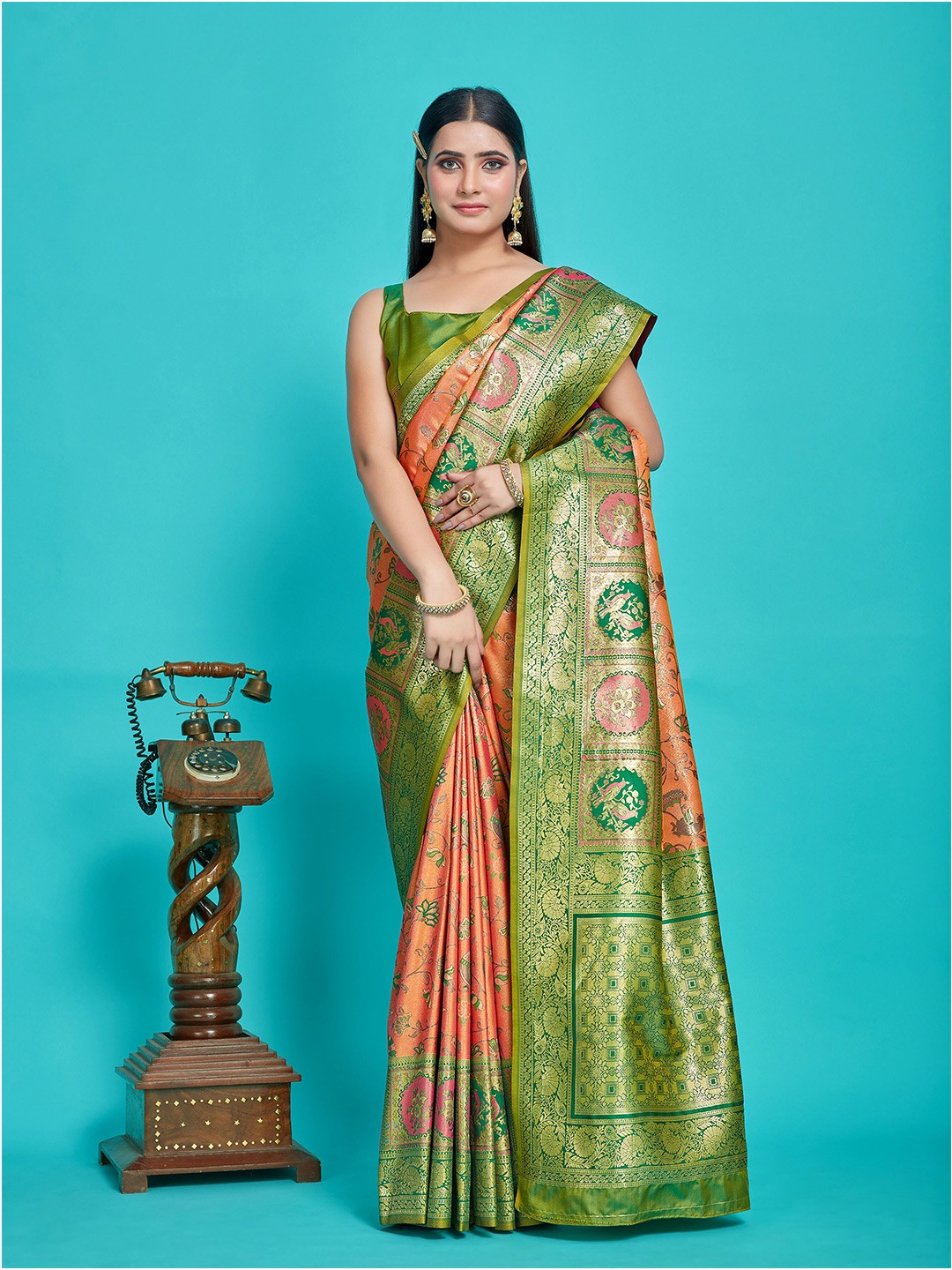 

MIMOSA Floral Woven Design Zari Art Silk Patola Saree, Orange