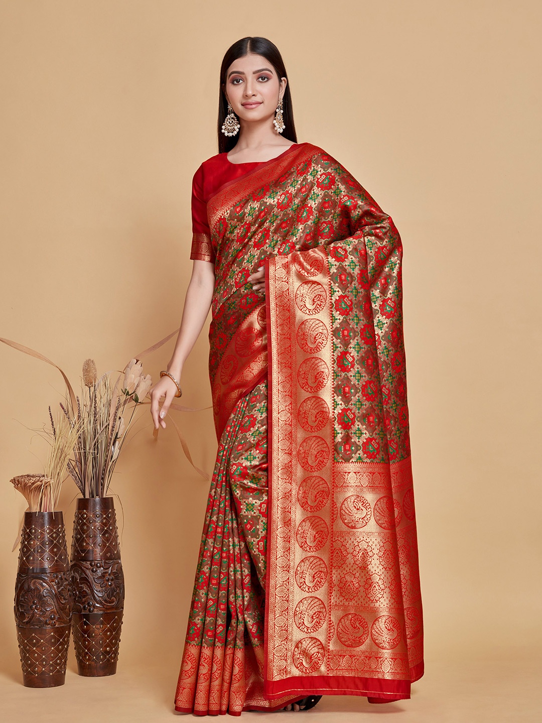 

MIMOSA Ethnic Motifs Woven Design Zari Art Silk Patola Saree, Red