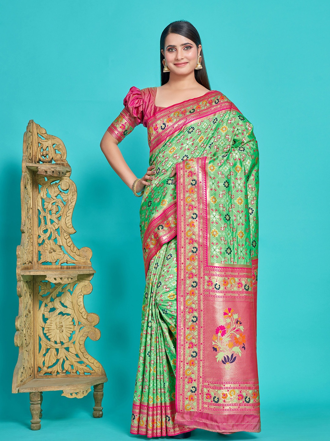 

MIMOSA Ethnic Motifs Woven Design Zari Art Silk Patola Saree, Sea green