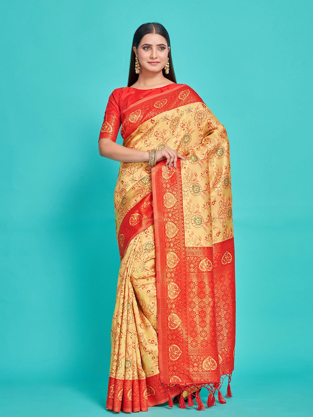 

MIMOSA Floral Woven Design Zari Kanjeevaram Saree, Yellow