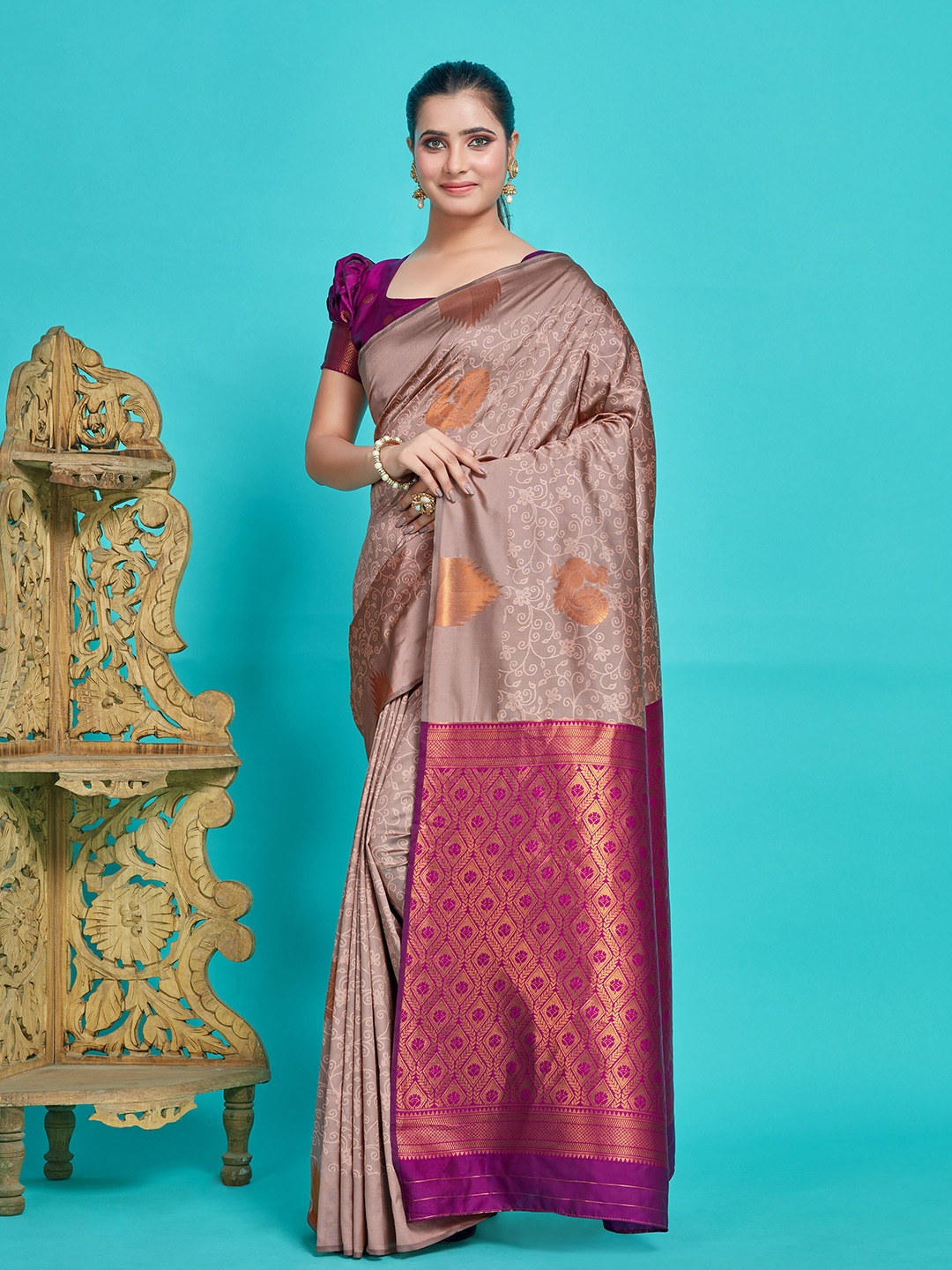 

MIMOSA Ethnic Motifs Woven Design Zari Art Silk Kanjeevaram Saree, Peach