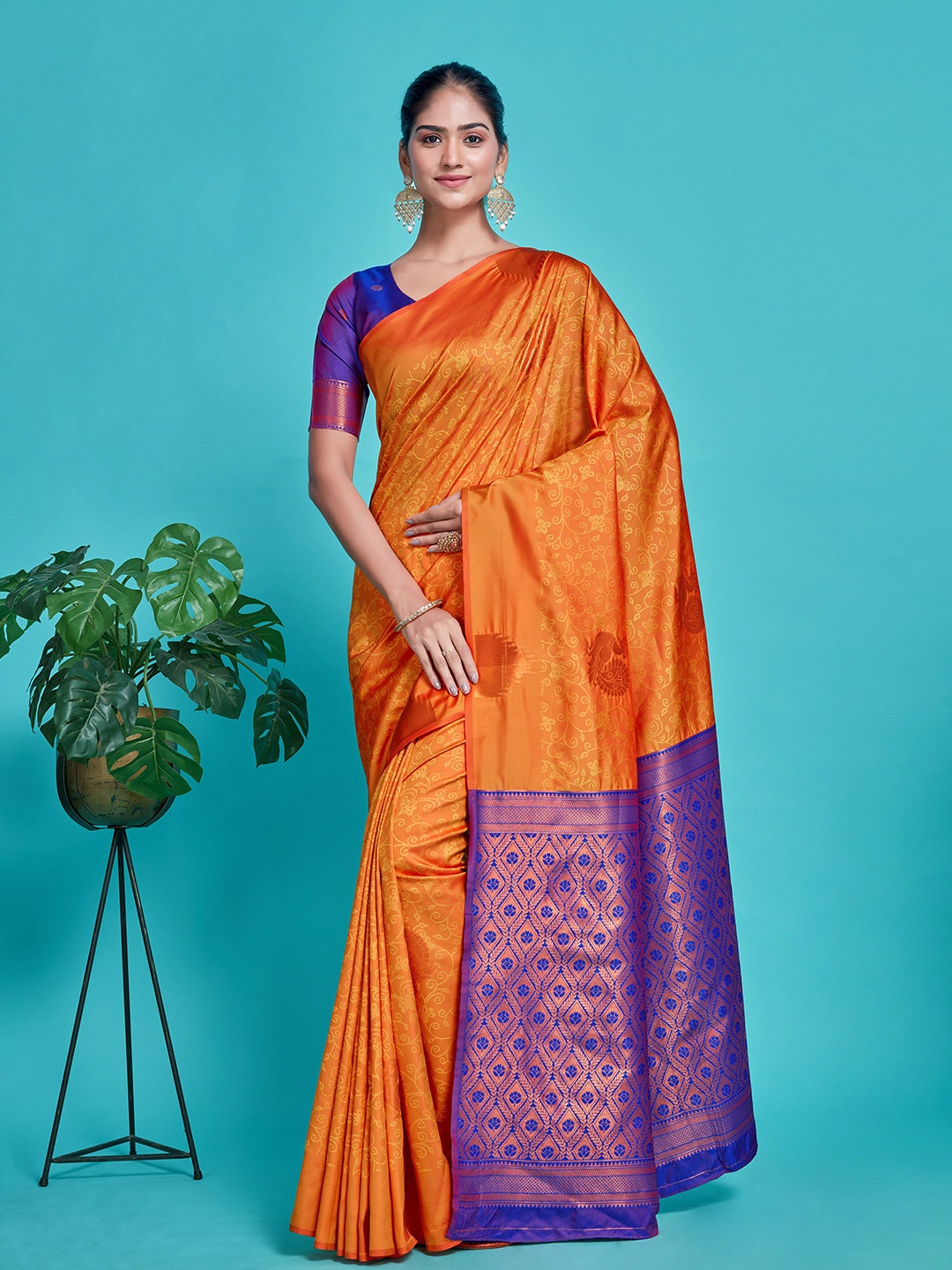 

MIMOSA Ethnic Motifs Woven Design Zari Art Silk Kanjeevaram Saree, Orange