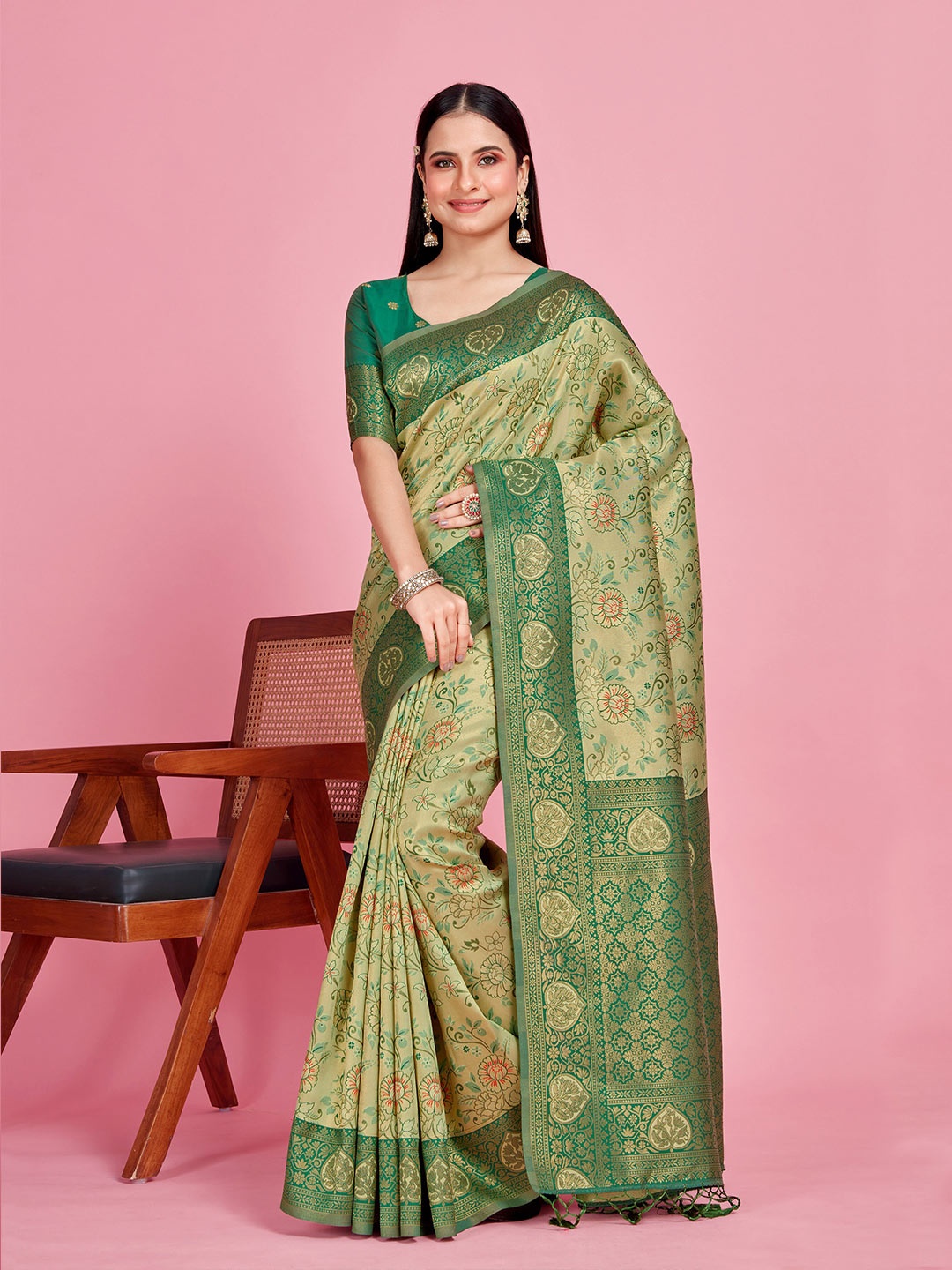 

MIMOSA Floral Woven Design Zari Kanjeevaram Saree, Olive