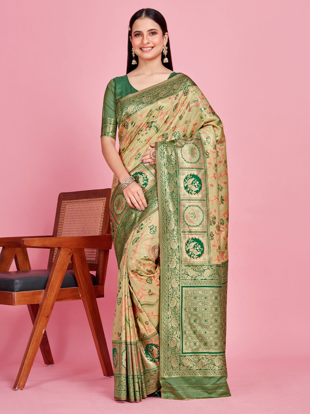 

MIMOSA Ethnic Motifs Woven Design Zari Patola Saree, Beige