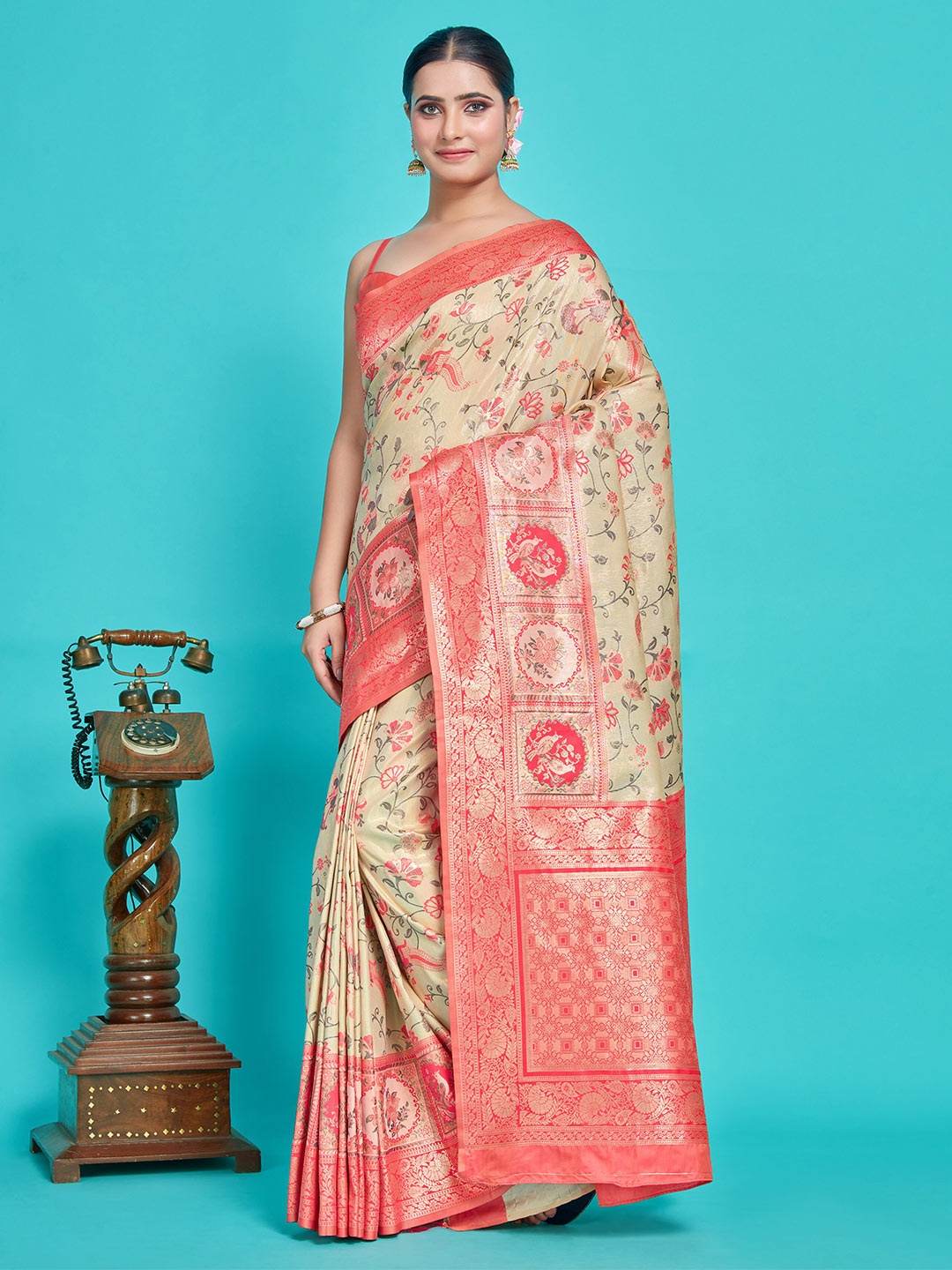 

MIMOSA Floral Woven Design Zari Patola Saree, Beige