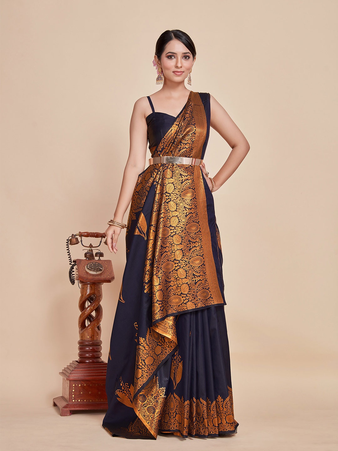 

MIMOSA Ethnic Motifs Woven Design Zari Kanjeevaram Saree, Navy blue