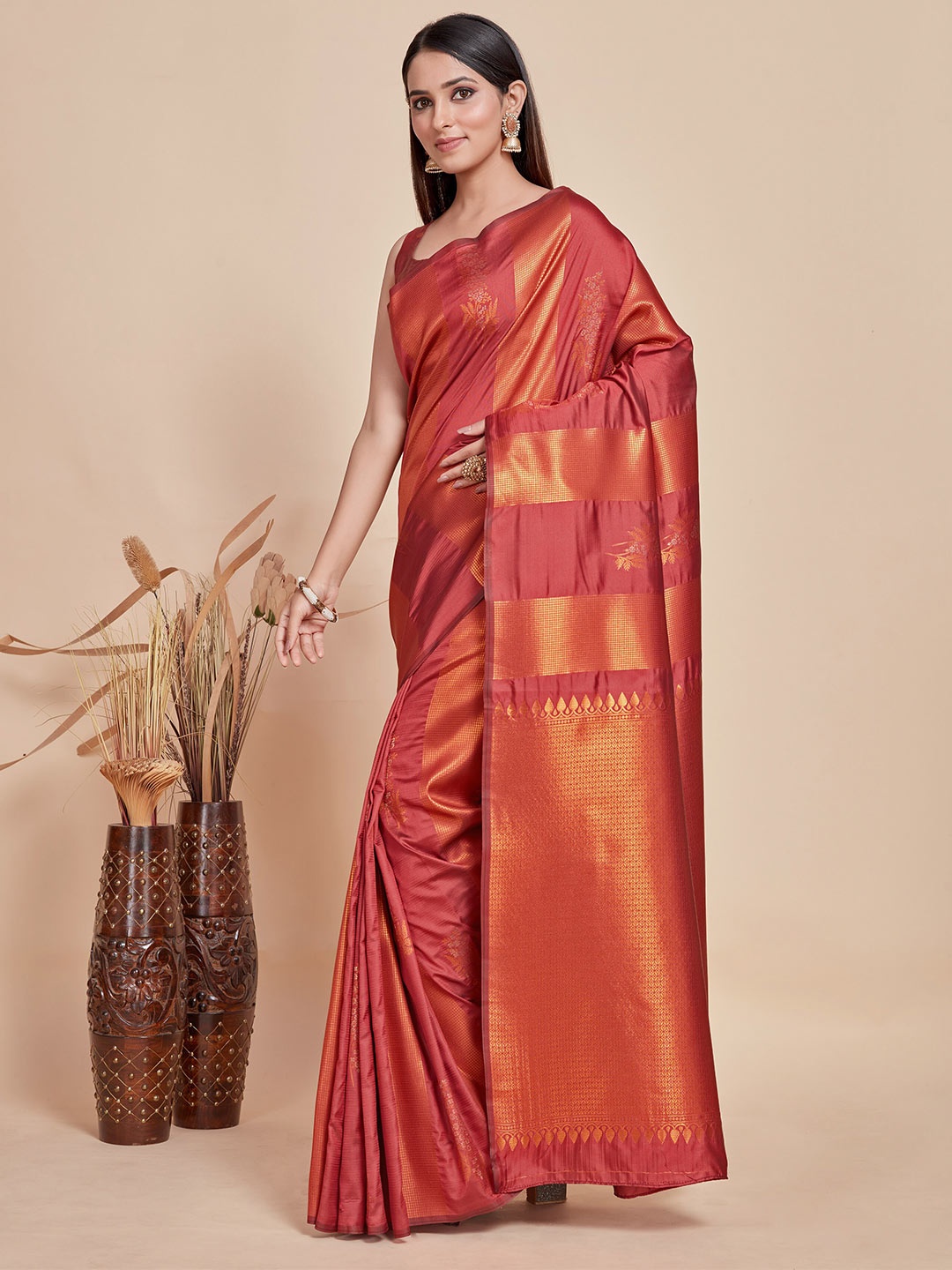 

MIMOSA Woven Design Striped Zari Kanjeevaram Saree, Red