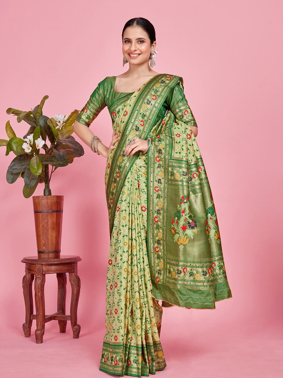 

MIMOSA Woven Design Zari Art Silk Patola Saree, Lime green