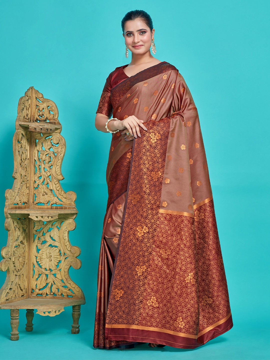 

MIMOSA Woven Design Zari Art Silk Kanjeevaram Saree, Burgundy