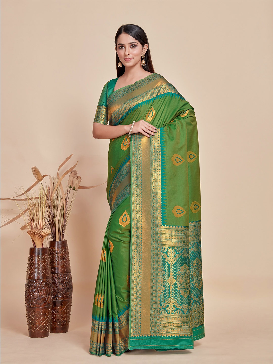 

MIMOSA Ethnic Motifs Woven Design Zari Kanjeevaram Saree, Olive