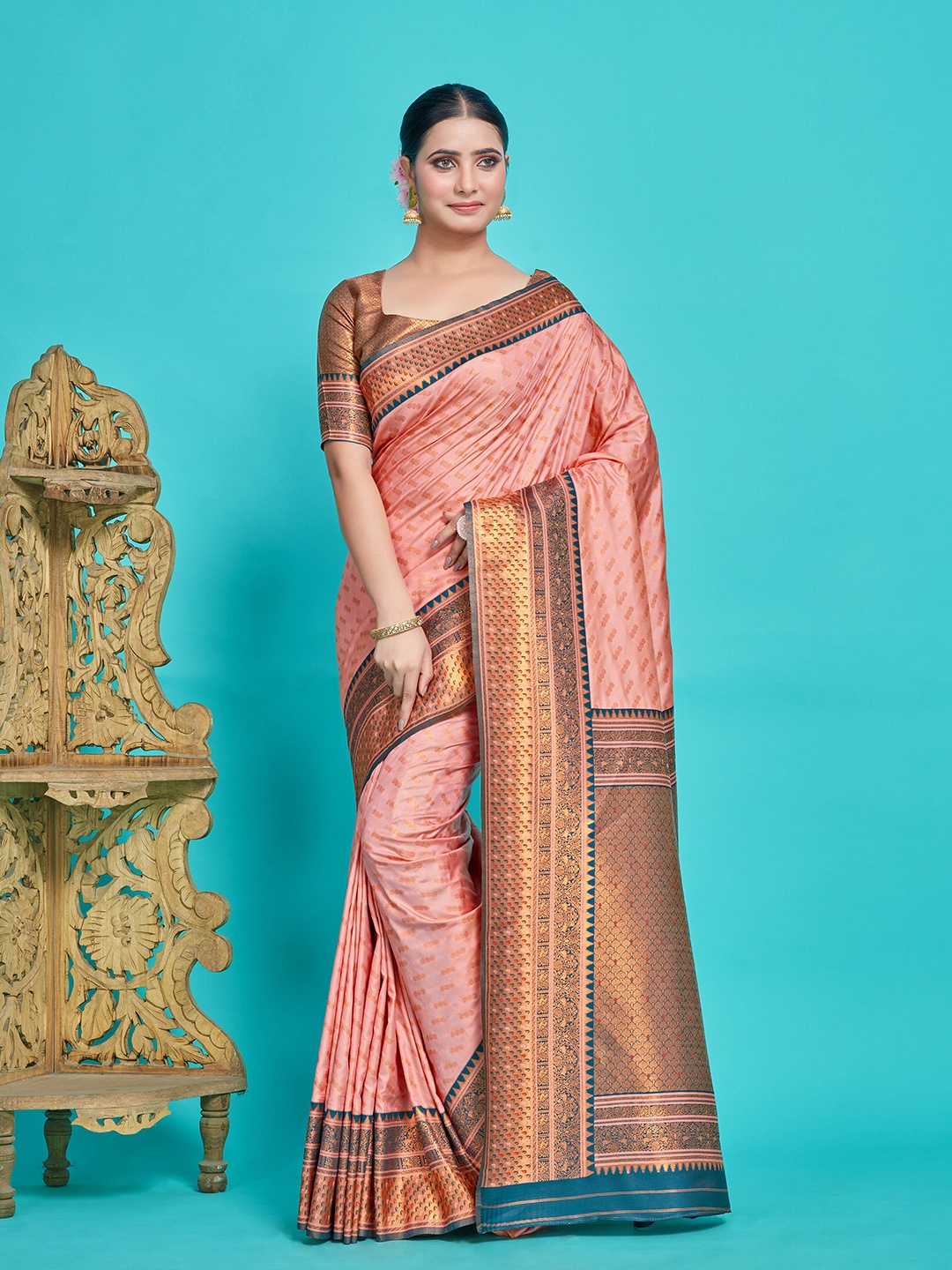 

MIMOSA Ethnic Motifs Woven Design Zari Art Silk Kanjeevaram Saree, Peach