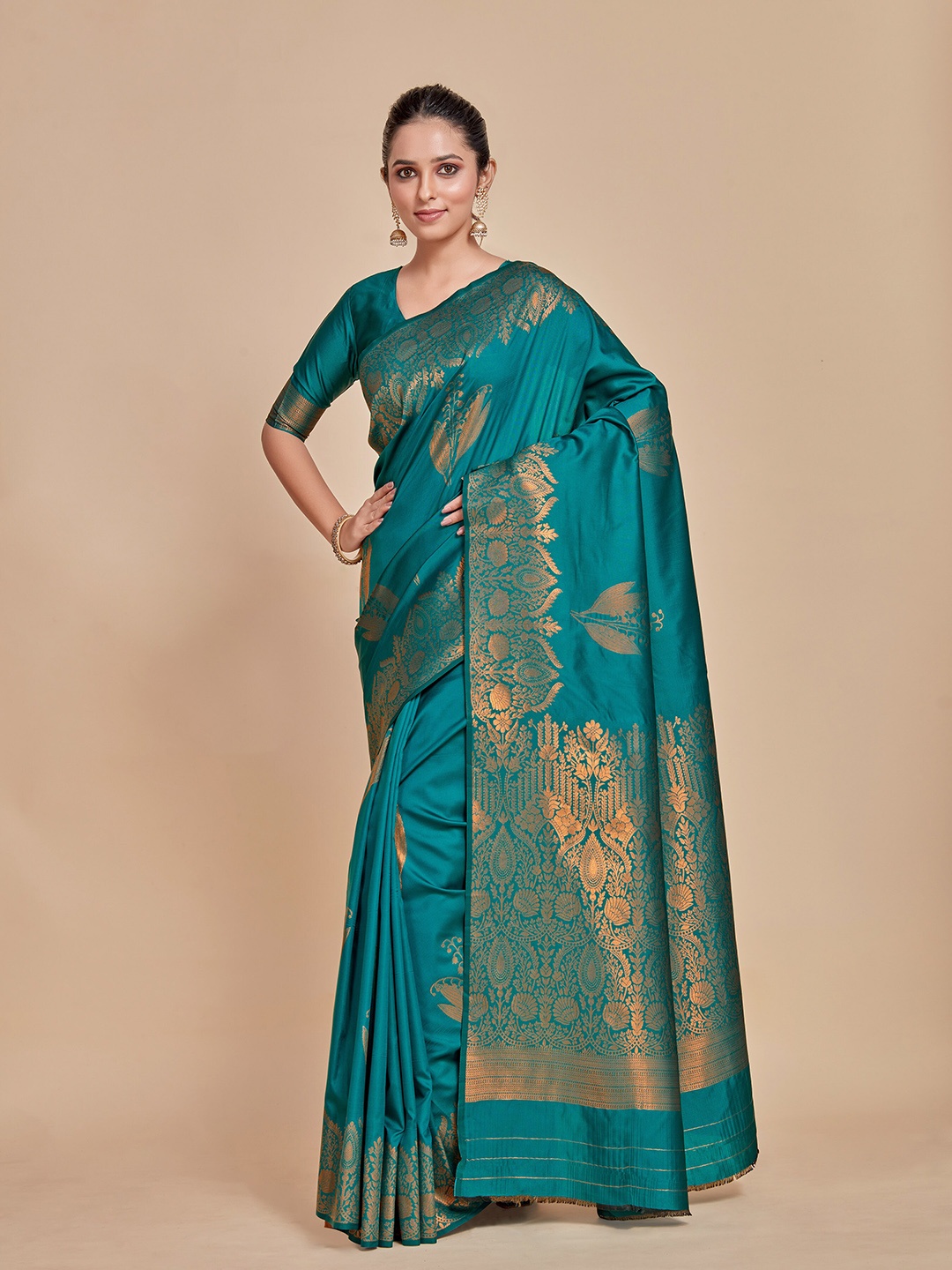 

MIMOSA Ethnic Motifs Woven Design Zari Kanjeevaram Saree, Teal
