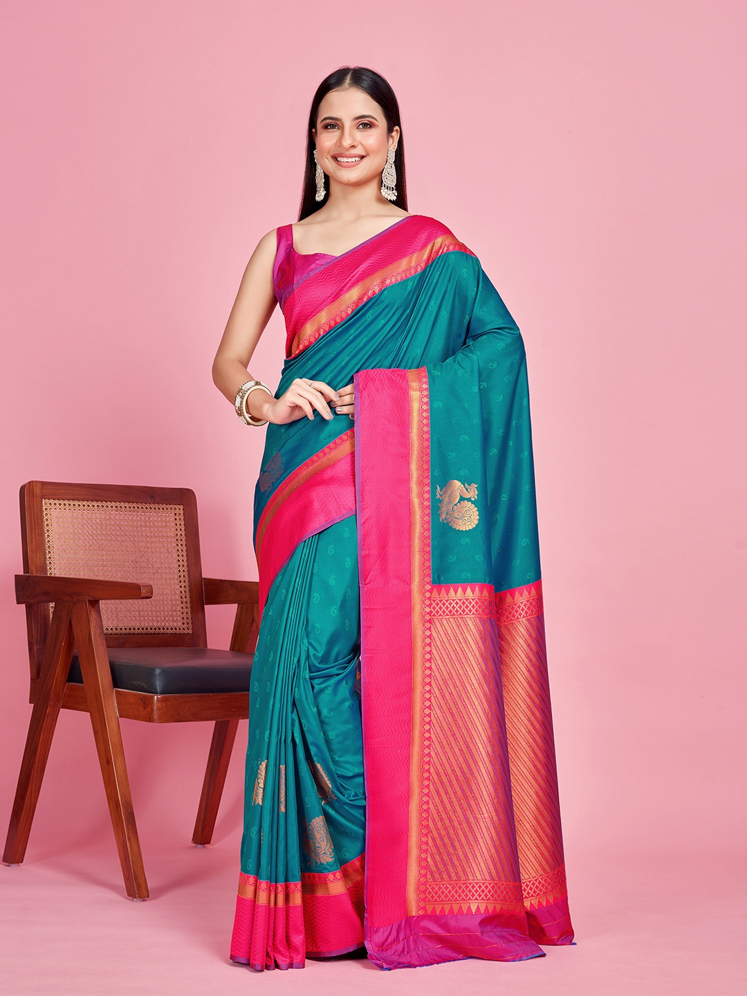 

MIMOSA Ethnic Motifs Woven Design Zari Kanjeevaram Saree, Teal