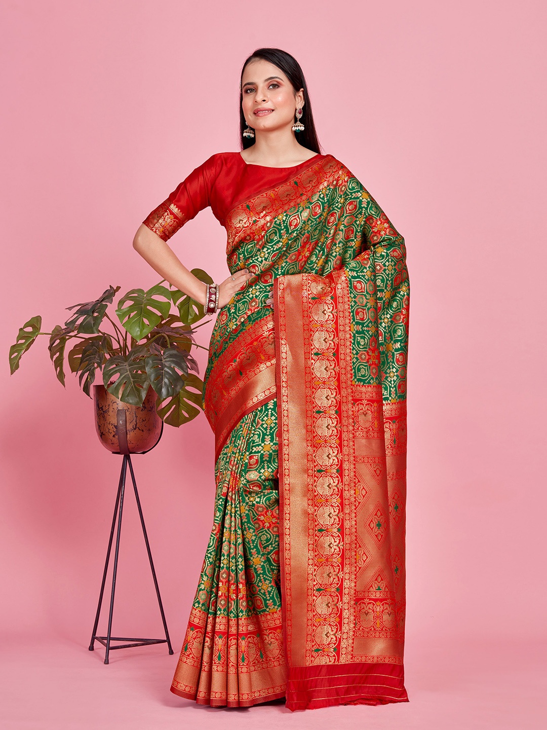 

MIMOSA Ethnic Motifs Woven Design Zari Art Silk Patola Saree, Green