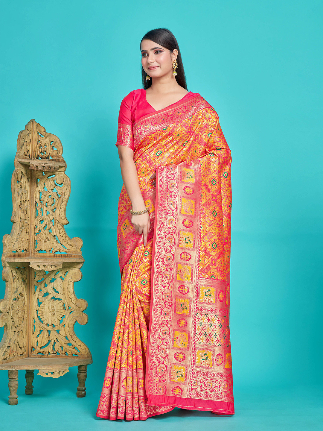 

MIMOSA Floral Woven Design Zari Patola Saree, Yellow
