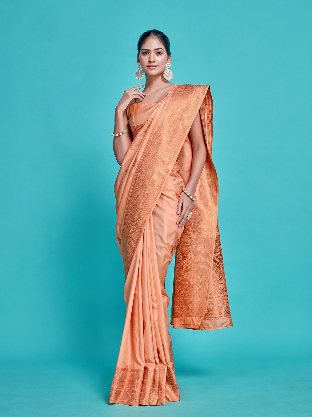 

MIMOSA Floral Woven Design Zari Art Silk Kanjeevaram Saree, Peach